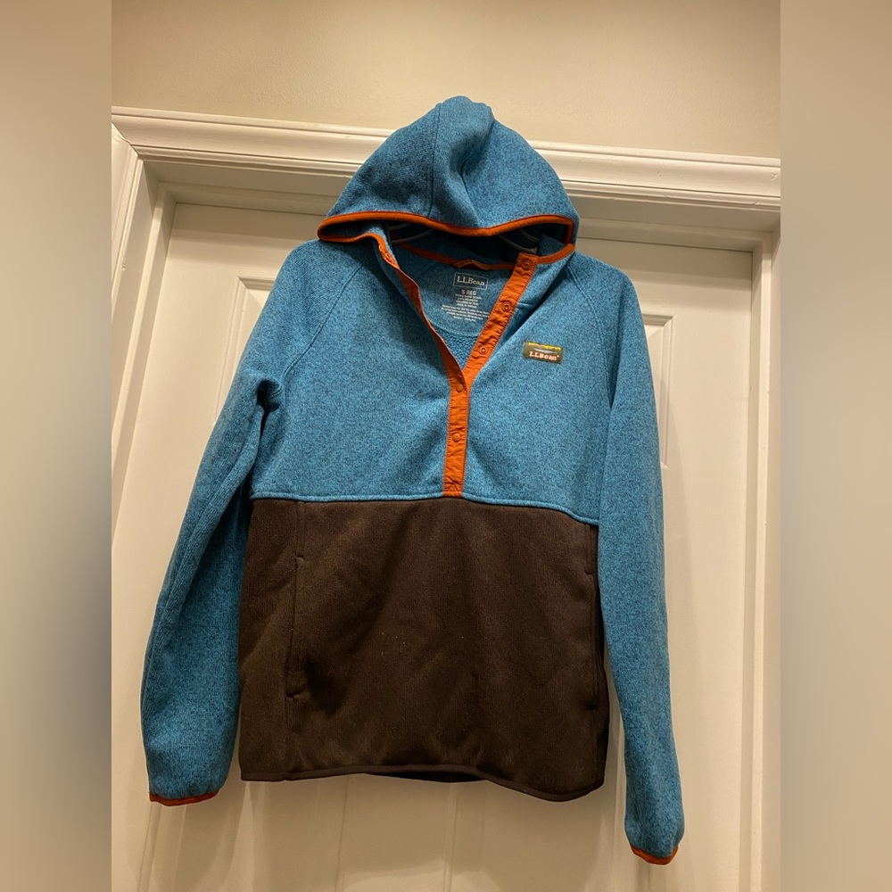 L.L. Bean Women's Sweater Fleece Pullover Hoodie Heather Blue Red Size Small